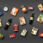 Collection of packaged food isolated on grey background. 3d illustration