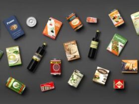 Collection of packaged food isolated on grey background. 3d illustration